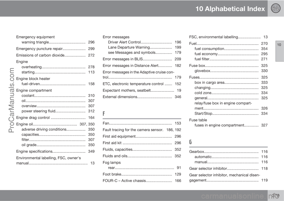 VOLVO V60 2011  Owners Manual 10 Alphabetical Index
10
379
Emergency equipment
warning triangle.................................. 296
Emergency puncture repair..................... 299
Emissions of carbon dioxide..................