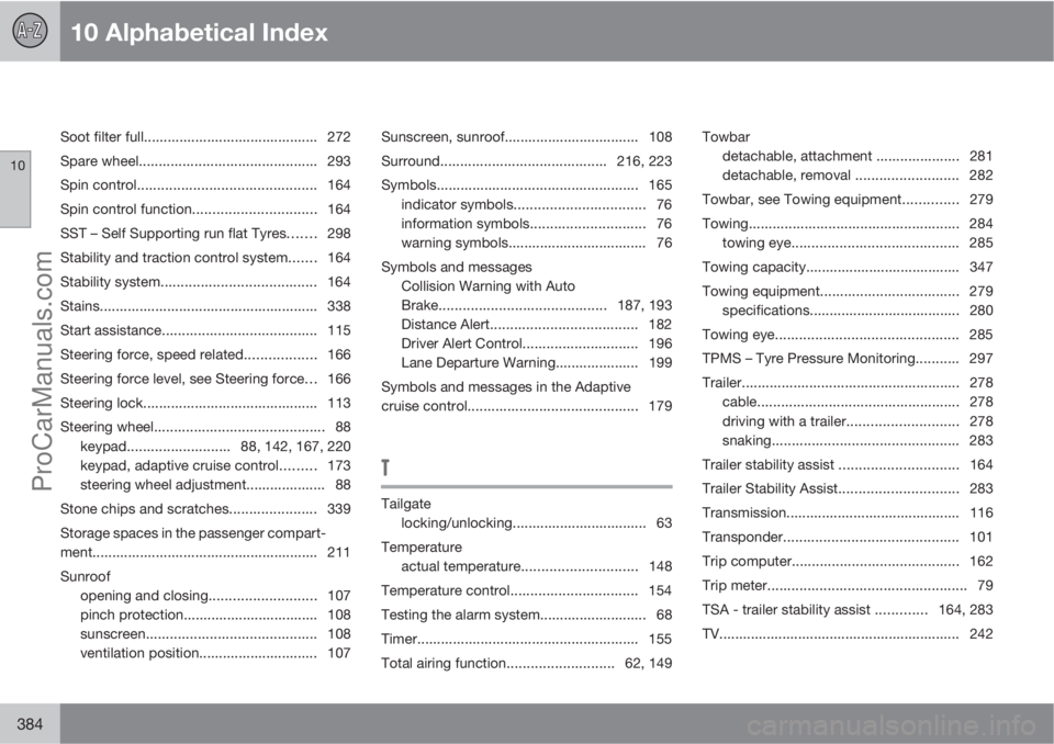 VOLVO V60 2011  Owners Manual 10 Alphabetical Index
10
384
Soot filter full............................................ 272
Spare wheel............................................. 293
Spin control.................................