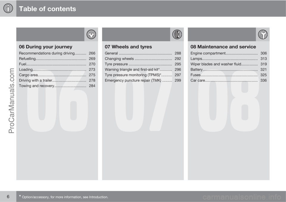 VOLVO V60 2011  Owners Manual Table of contents
6* Option/accessory, for more information, see Introduction.
06
06 During your journey
Recommendations during driving........... 266
Refuelling.......................................