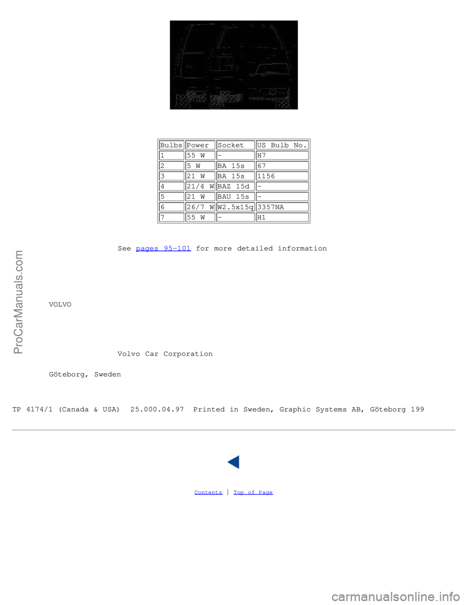 VOLVO V70 1999 Repair Manual BulbsPower Socket US Bulb No.
1 55 W – H7
2 5 W BA 15s 67
3 21 W BA 15s 1156
4 21/4 W BAZ 15d –
5 21 W BAU 15s –
6 26/7 W W2.5x15q 3357NA
7 55 W – H1
See pages 95-10 VOLVO V70 1999 Repair Manual BulbsPower Socket US Bulb No.
1 55 W – H7
2 5 W BA 15s 67
3 21 W BA 15s 1156
4 21/4 W BAZ 15d –
5 21 W BAU 15s –
6 26/7 W W2.5x15q 3357NA
7 55 W – H1
See pages 95-10
