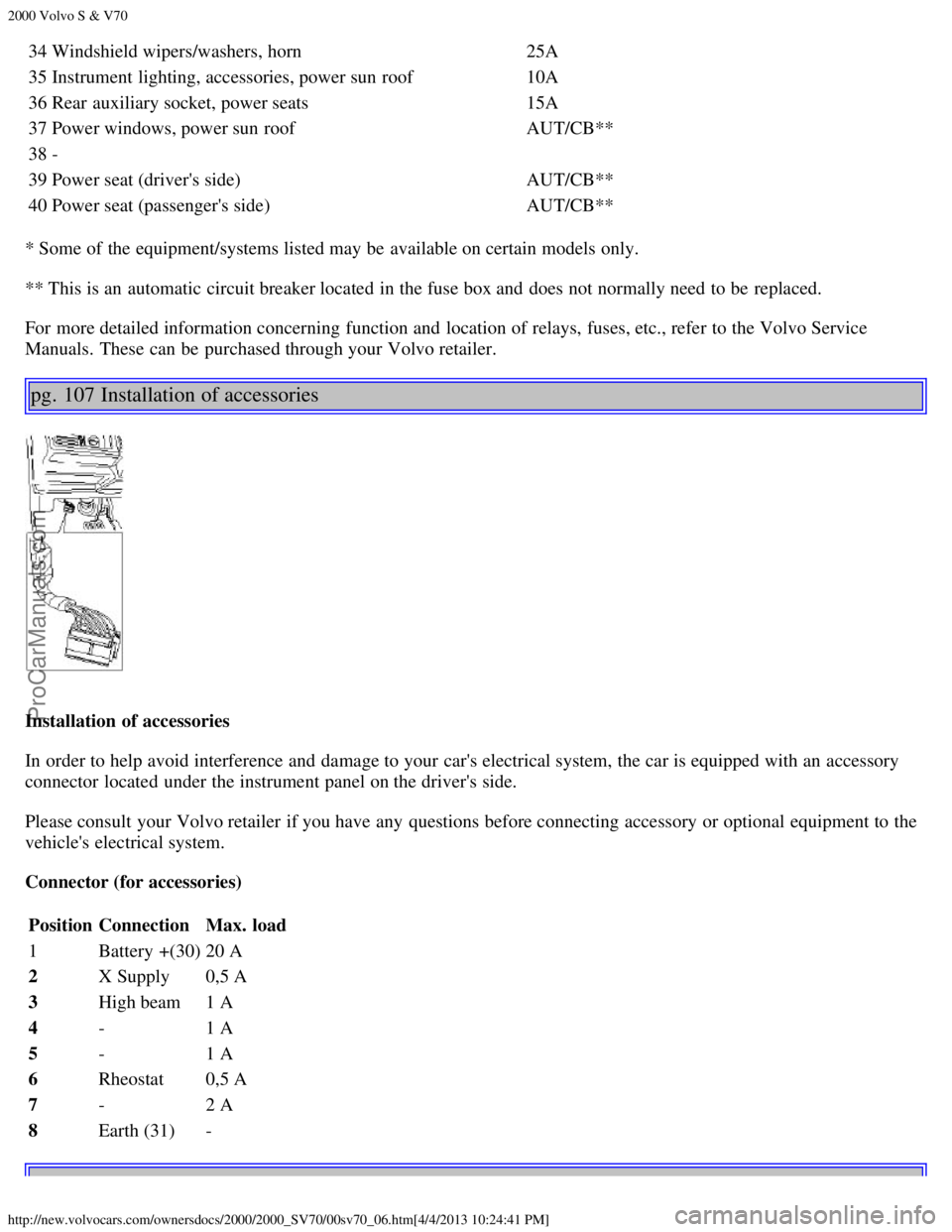 VOLVO V70 2000  Owners Manual 2000 Volvo S & V70
http://new.volvocars.com/ownersdocs/2000/2000_SV70/00sv70_06.htm[4/4/2013 10:24:41 PM]
34 Windshield wipers/washers, horn25A
35 Instrument lighting, accessories, power sun roof10A
3