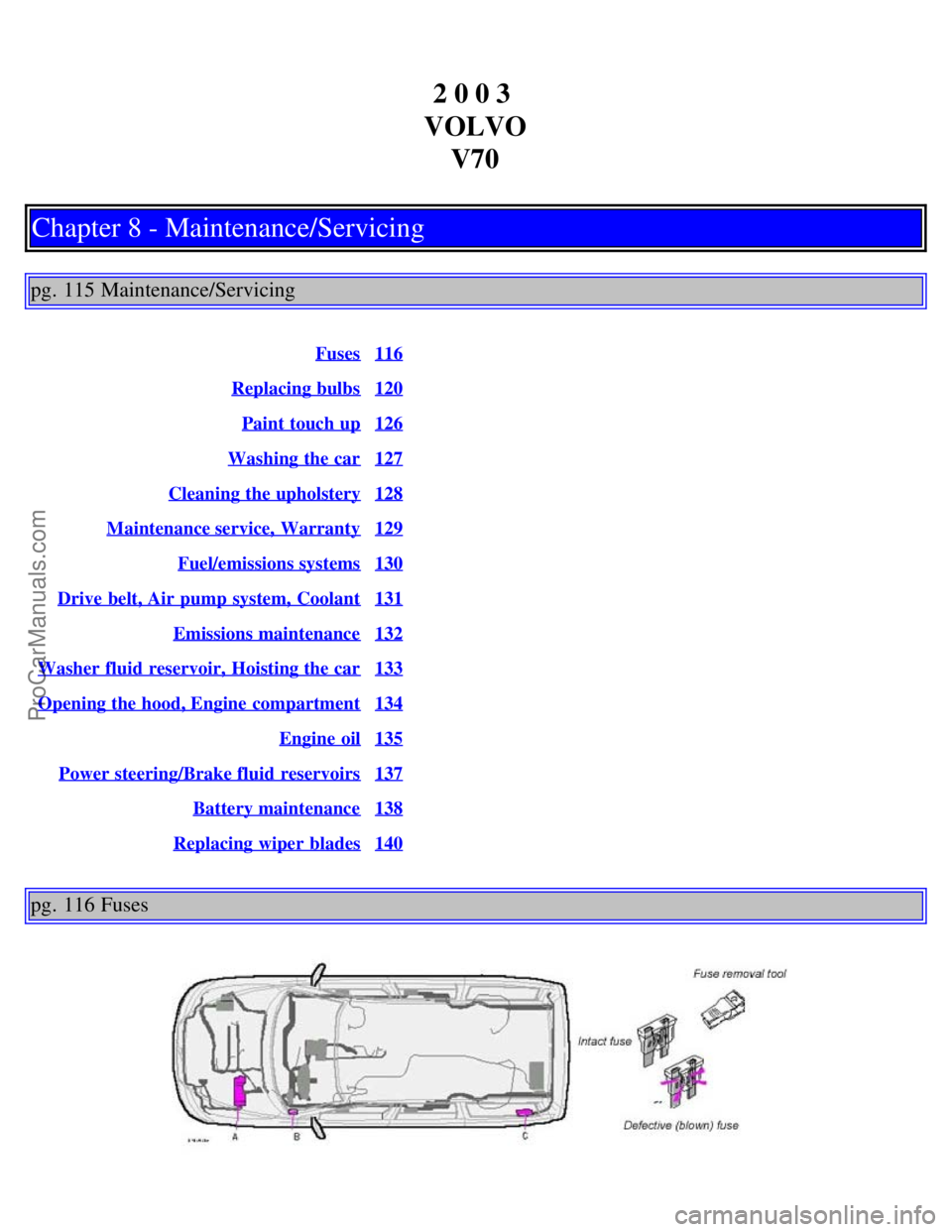 VOLVO V70 2003  Owners Manual 2 0 0 3 
VOLVO V70
Chapter 8 - Maintenance/Servicing
pg. 115 Maintenance/Servicing
Fuses116
Replacing bulbs120
Paint touch up126
Washing the car127
Cleaning the upholstery128
Maintenance service,  War