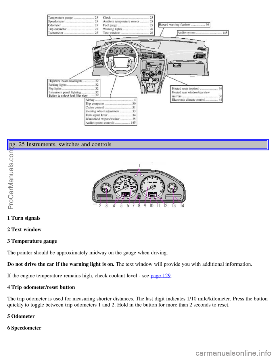 VOLVO V70 2002 Owners Manual pg. 25 Instruments, switches and controls
1 Turn signals
2 Text window
3 Temperature gauge
The pointer should be approximately midway on the gauge when driving.
Do not drive the car if the warning l VOLVO V70 2002 Owners Manual pg. 25 Instruments, switches and controls
1 Turn signals
2 Text window
3 Temperature gauge
The pointer should be approximately midway on the gauge when driving.
Do not drive the car if the warning l