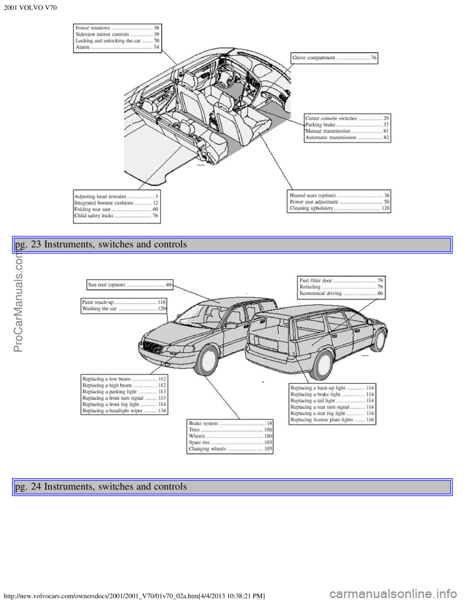 VOLVO V70 2001 User Guide 2001 VOLVO V70
http://new.volvocars.com/ownersdocs/2001/2001_V70/01v70_02a.htm[4/4/2013 10:38:21 PM]
pg. 23 Instruments, switches and controls
pg. 24 Instruments, switches and controls
ProCarManuals.c