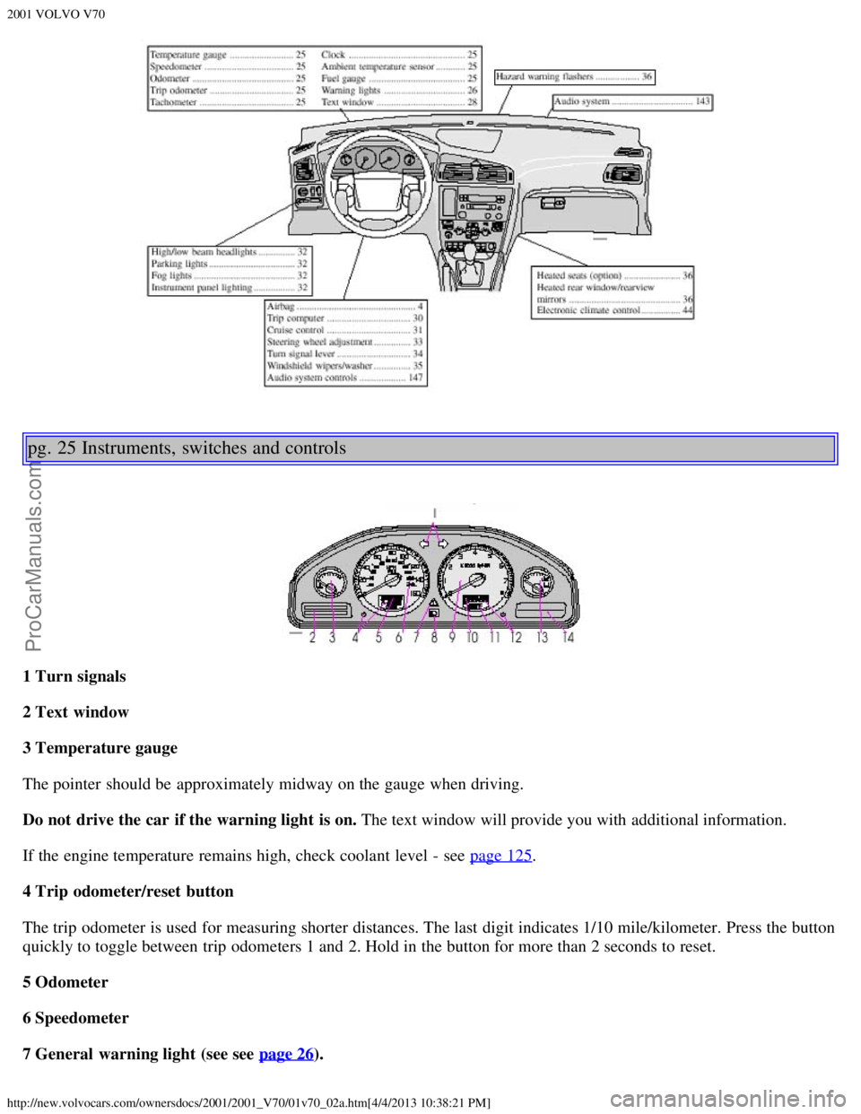 VOLVO V70 2001 User Guide 2001 VOLVO V70
http://new.volvocars.com/ownersdocs/2001/2001_V70/01v70_02a.htm[4/4/2013 10:38:21 PM]
pg. 25 Instruments, switches and controls
1 Turn signals
2 Text  window
3 Temperature gauge
The poi