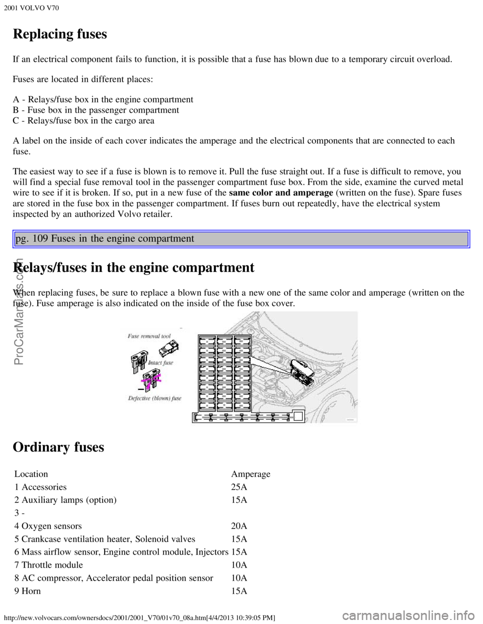VOLVO V70 2001 Manual PDF 2001 VOLVO V70
http://new.volvocars.com/ownersdocs/2001/2001_V70/01v70_08a.htm[4/4/2013 10:39:05 PM]
Replacing fuses
If an  electrical component  fails to function, it is possible that a  fuse has blo