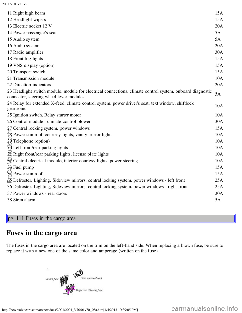 VOLVO V70 2001  Owners Manual 2001 VOLVO V70
http://new.volvocars.com/ownersdocs/2001/2001_V70/01v70_08a.htm[4/4/2013 10:39:05 PM]
11 Right high beam 15A
12 Headlight  wipers15A
13 Electric socket 12 V 20A
14 Power passengers  se