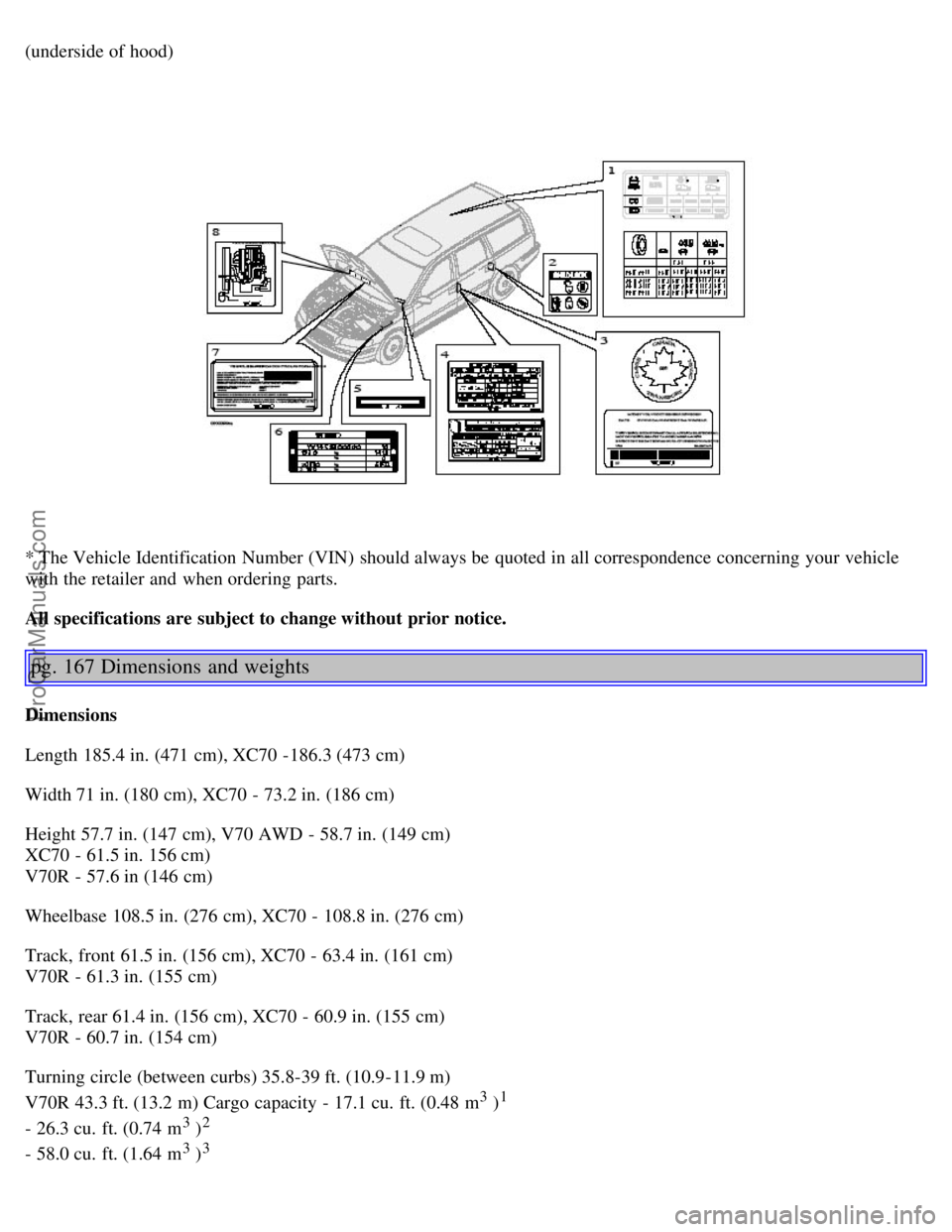 VOLVO V70 2006 Owners Manual (underside of hood)
* The Vehicle Identification Number (VIN) should always be quoted in all correspondence concerning your vehicle
with the retailer and when ordering parts.
All specifications ar VOLVO V70 2006 Owners Manual (underside of hood)
* The Vehicle Identification Number (VIN) should always be quoted in all correspondence concerning your vehicle
with the retailer and when ordering parts.
All specifications ar