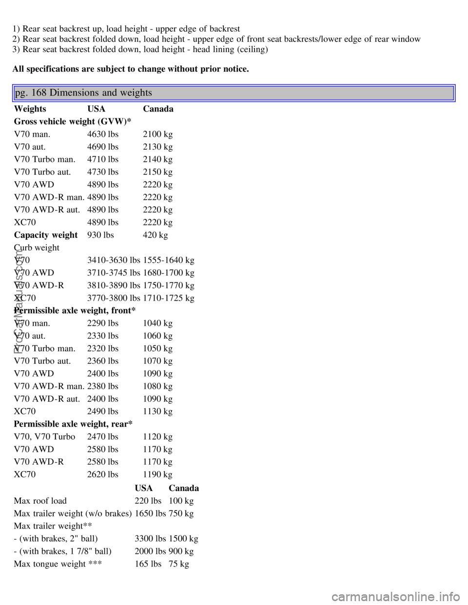 VOLVO V70 2006  Owners Manual 1) Rear seat backrest up, load height - upper edge of backrest
2) Rear seat backrest folded down, load height - upper edge of front  seat backrests/lower edge of rear window
3) Rear seat backrest fold