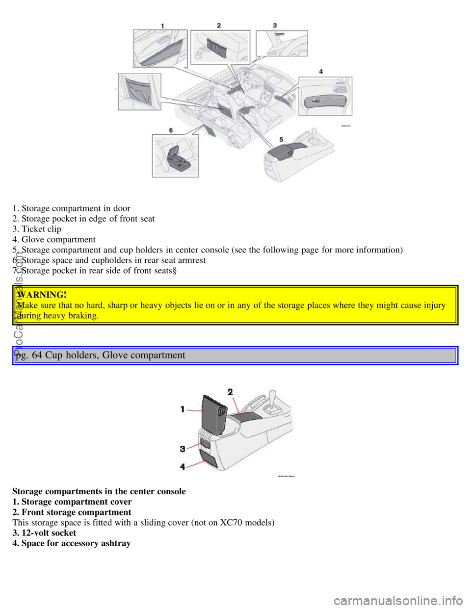 VOLVO V70 2005 Service Manual 1. Storage compartment in door
2. Storage pocket in edge of front seat
3. Ticket clip
4. Glove compartment
5. Storage compartment and cup holders in center console (see the following page fo VOLVO V70 2005 Service Manual 1. Storage compartment in door
2. Storage pocket in edge of front seat
3. Ticket clip
4. Glove compartment
5. Storage compartment and cup holders in center console (see the following page fo