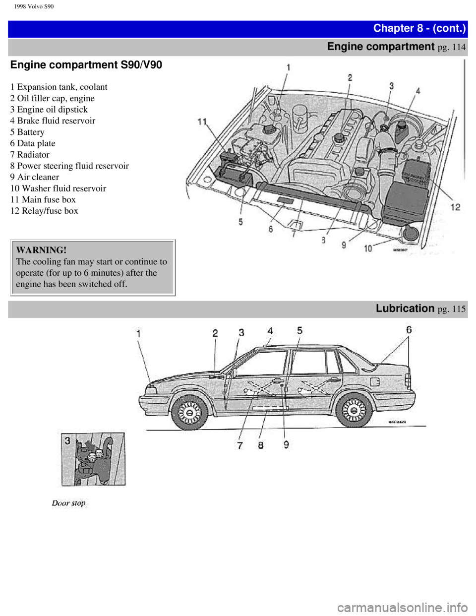 VOLVO V90 1998 Owners Manual
1998 Volvo S90
Chapter 8 - (cont.)
Engine compartment
pg. 114
Engine compartment S90/V90
1 Expansion tank, coolant
2 Oil filler cap, engine
3 Engine oil dipstick
4 Brake fluid reservoir
VOLVO V90 1998 Owners Manual
1998 Volvo S90
Chapter 8 - (cont.)
Engine compartment
pg. 114
Engine compartment S90/V90
1 Expansion tank, coolant
2 Oil filler cap, engine
3 Engine oil dipstick
4 Brake fluid reservoir