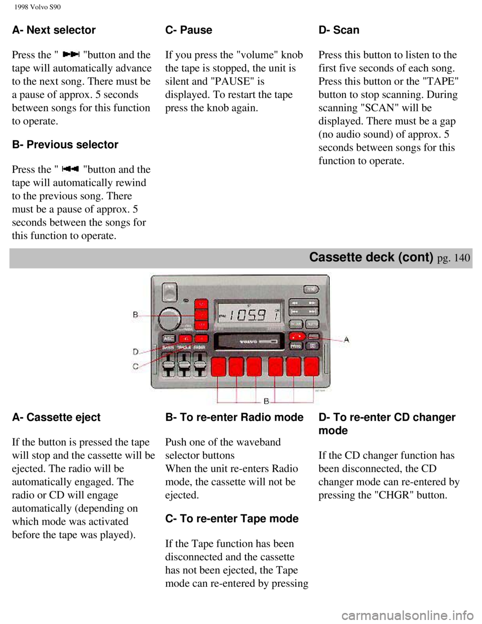 VOLVO V90 1998 Owners Manual
1998 Volvo S90
A- Next selector
Press the "
"button and the
tape will automatically advance
to the next song. There must be
a pause of approx. 5 seconds
between songs for this function
to o VOLVO V90 1998 Owners Manual
1998 Volvo S90
A- Next selector
Press the "
"button and the
tape will automatically advance
to the next song. There must be
a pause of approx. 5 seconds
between songs for this function
to o