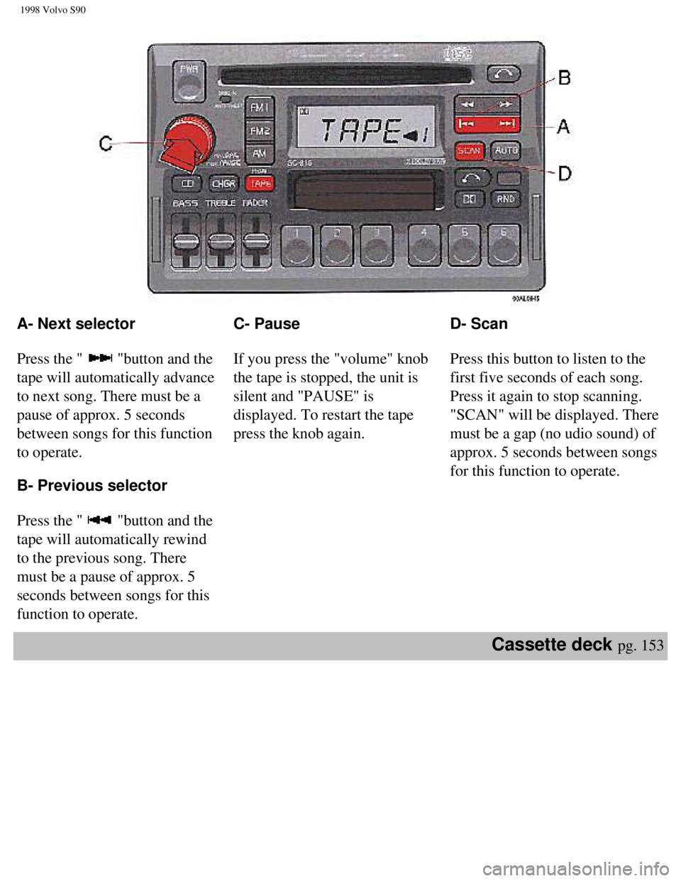 VOLVO V90 1998 Owners Manual
1998 Volvo S90
A- Next selector
Press the "
"button and the
tape will automatically advance
to next song. There must be a
pause of approx. 5 seconds
between songs for this function
to opera VOLVO V90 1998 Owners Manual
1998 Volvo S90
A- Next selector
Press the "
"button and the
tape will automatically advance
to next song. There must be a
pause of approx. 5 seconds
between songs for this function
to opera