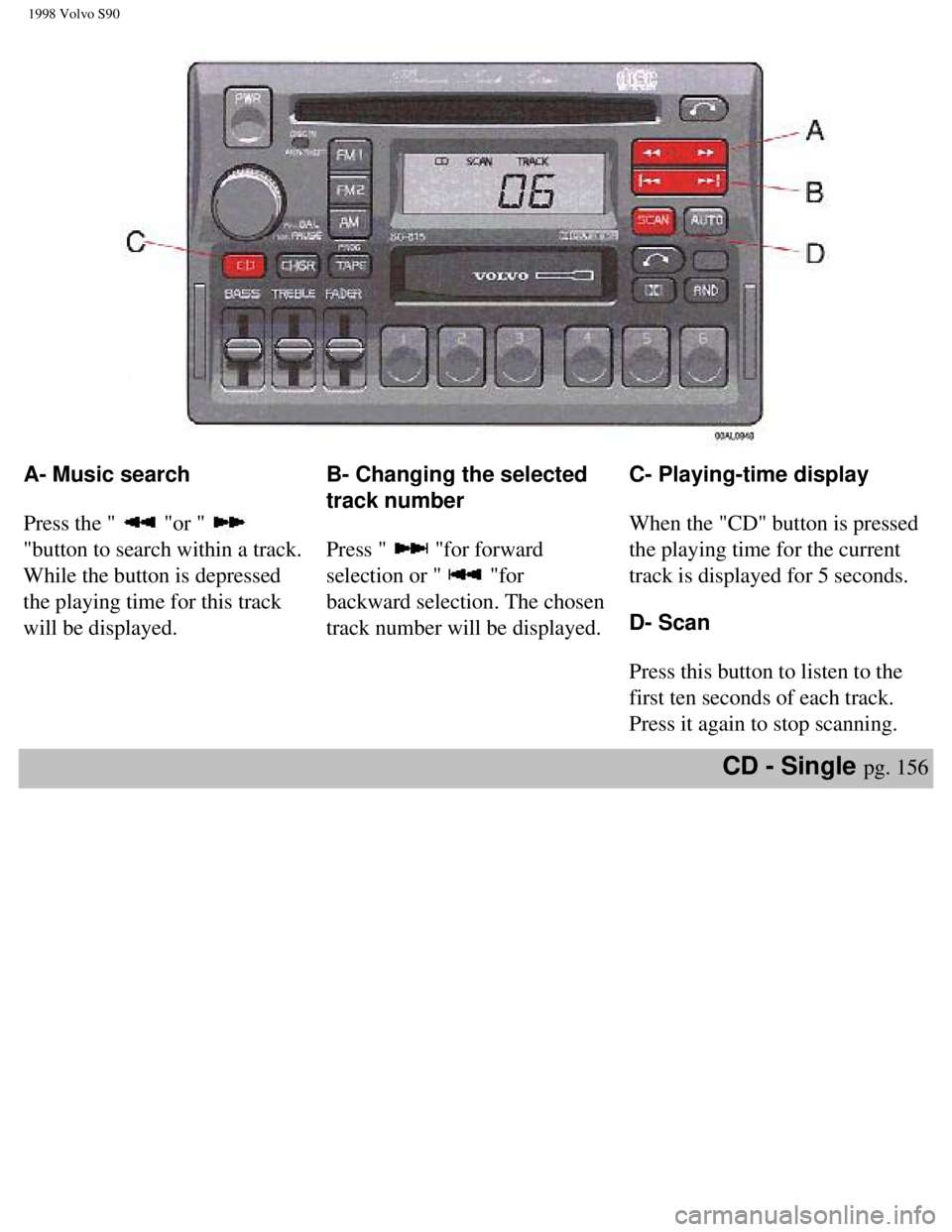 VOLVO V90 1998 Owners Manual
1998 Volvo S90
A- Music search
Press the "
"or "
"button to search within a track.
While the button is depressed
the playing time for this track
will be displayed. B- Changing the selected VOLVO V90 1998 Owners Manual
1998 Volvo S90
A- Music search
Press the "
"or "
"button to search within a track.
While the button is depressed
the playing time for this track
will be displayed. B- Changing the selected