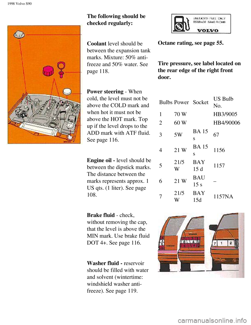 VOLVO V90 1998  Owners Manual 
1998 Volvo S90
 
 
 The following should be 
checked regularly: 
 
Coolant level should be 
between the expansion tank 
marks. Mixture: 50% anti-
freeze and 50% water. See 
page 118. 
 
Power steerin
