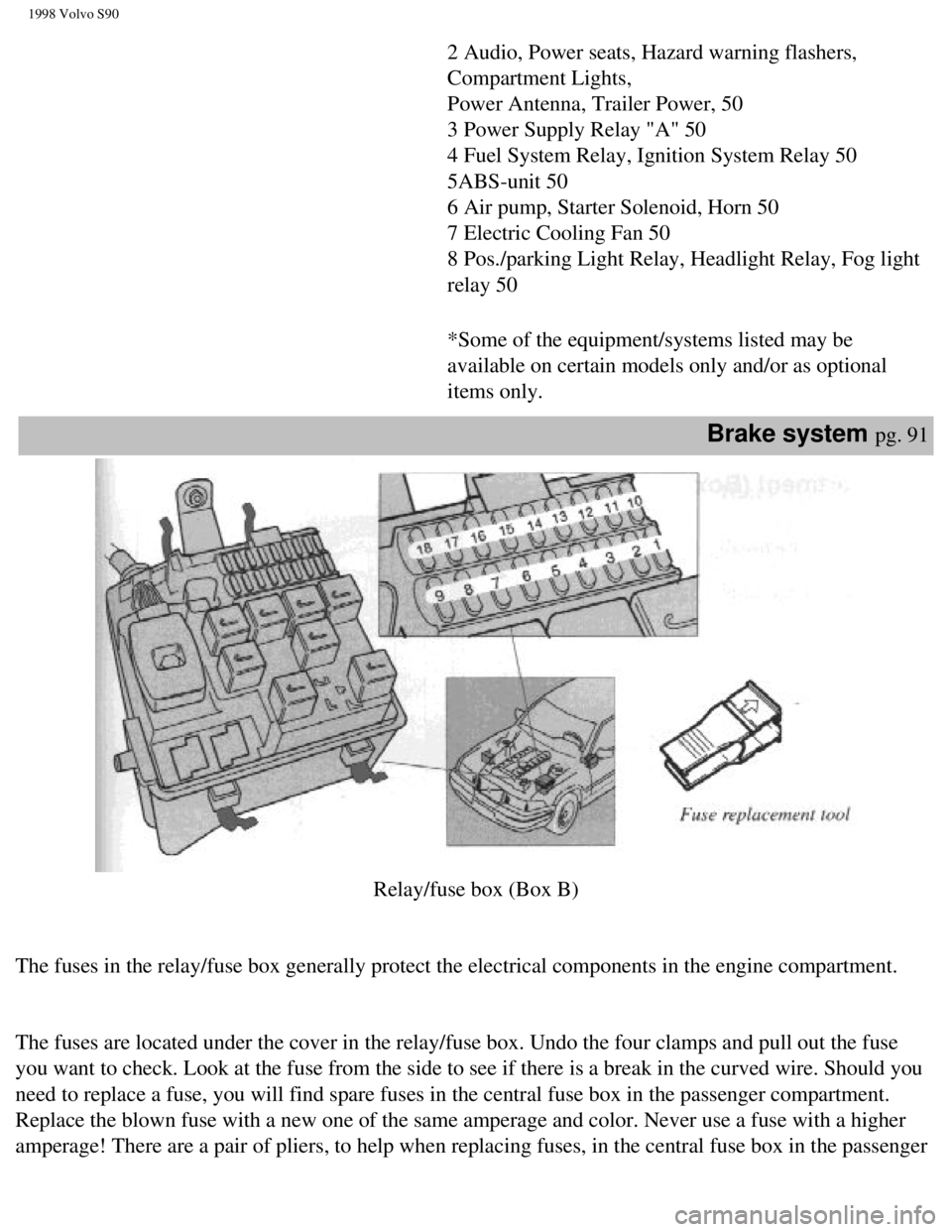 VOLVO V90 1998  Owners Manual 
1998 Volvo S90
2 Audio, Power seats, Hazard warning flashers, 
Compartment Lights,  
Power Antenna, Trailer Power, 50  
3 Power Supply Relay "A" 50  
4 Fuel System Relay, Ignition System Relay 50  
5