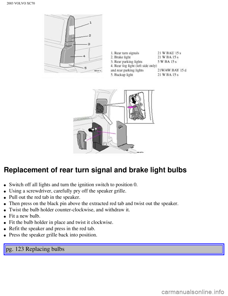 VOLVO XC70 2003 Owners Manual
2003 VOLVO XC70
Replacement of rear turn signal and brake light bulbs
l Switch off all lights and turn the ignition switch to position 0.
l Using a screwdriver, carefully pry off the speak VOLVO XC70 2003 Owners Manual
2003 VOLVO XC70
Replacement of rear turn signal and brake light bulbs
l Switch off all lights and turn the ignition switch to position 0.
l Using a screwdriver, carefully pry off the speak