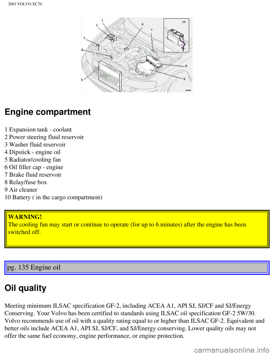 VOLVO XC70 2003 Owners Manual
2003 VOLVO XC70
Engine compartment
1 Expansion tank - coolant
2 Power steering fluid reservoir
3 Washer fluid reservoir
4 Dipstick - engine oil
5 Radiator/cooling fan
6 Oil filler cap - engine VOLVO XC70 2003 Owners Manual
2003 VOLVO XC70
Engine compartment
1 Expansion tank - coolant
2 Power steering fluid reservoir
3 Washer fluid reservoir
4 Dipstick - engine oil
5 Radiator/cooling fan
6 Oil filler cap - engine