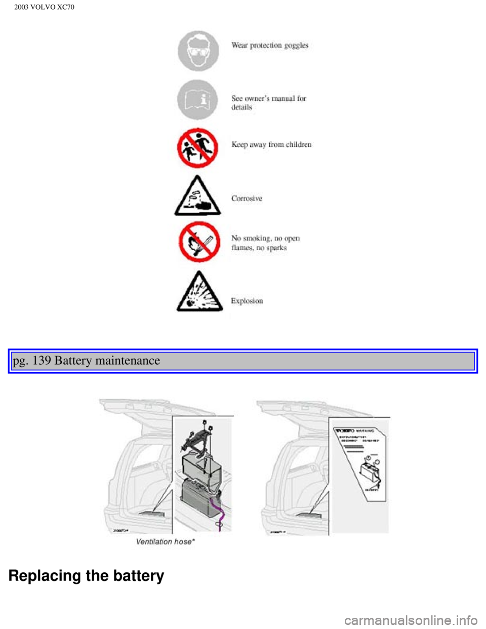VOLVO XC70 2003 Owners Manual
2003 VOLVO XC70
pg. 139 Battery maintenance
Replacing the battery
file:///K|/ownersdocs/2003/2003_XC70/03xc70_08b.htm (13 of 16)12/30/20\
06 4:18:04 PM VOLVO XC70 2003 Owners Manual
2003 VOLVO XC70
pg. 139 Battery maintenance
Replacing the battery
file:///K|/ownersdocs/2003/2003_XC70/03xc70_08b.htm (13 of 16)12/30/20\
06 4:18:04 PM