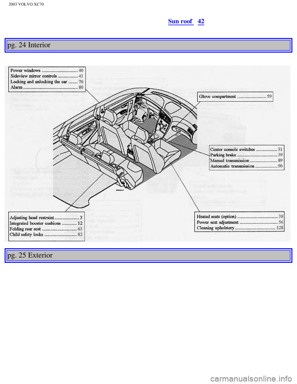 VOLVO XC70 2003 Owners Guide
2003 VOLVO XC70
Sun roof 42
pg. 24 Interior
pg. 25 Exterior
file:///K|/ownersdocs/2003/2003_XC70/03xc70_02a.htm (2 of 13)12/30/200\
6 4:17:53 PM VOLVO XC70 2003 Owners Guide
2003 VOLVO XC70
Sun roof 42
pg. 24 Interior
pg. 25 Exterior
file:///K|/ownersdocs/2003/2003_XC70/03xc70_02a.htm (2 of 13)12/30/200\
6 4:17:53 PM