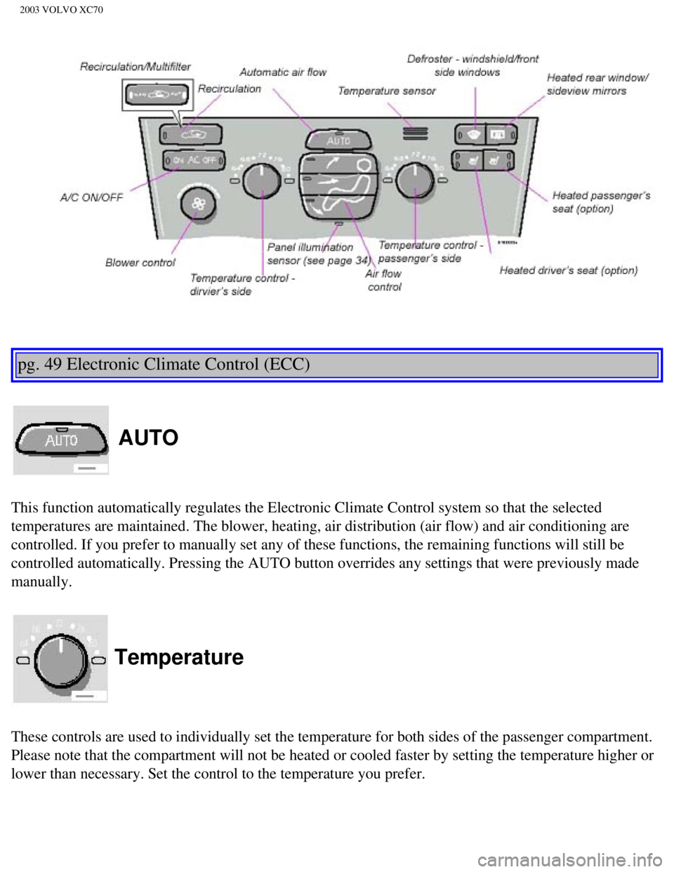 VOLVO XC70 2003 Manual PDF
2003 VOLVO XC70
pg. 49 Electronic Climate Control (ECC)
AUTO
This function automatically regulates the Electronic Climate Control sys\
tem so that the selected
temperatures are maintained. The VOLVO XC70 2003 Manual PDF
2003 VOLVO XC70
pg. 49 Electronic Climate Control (ECC)
AUTO
This function automatically regulates the Electronic Climate Control sys\
tem so that the selected
temperatures are maintained. The
