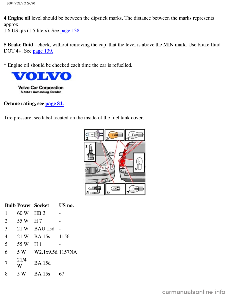 VOLVO XC70 2004  Owners Manual 
2004 VOLVO XC70
4 Engine oil level should be between the dipstick marks. The distance between the ma\
rks represents 
approx.  
1.6 US qts (1.5 liters). See 
page 138. 
5 Brake fluid - check, without