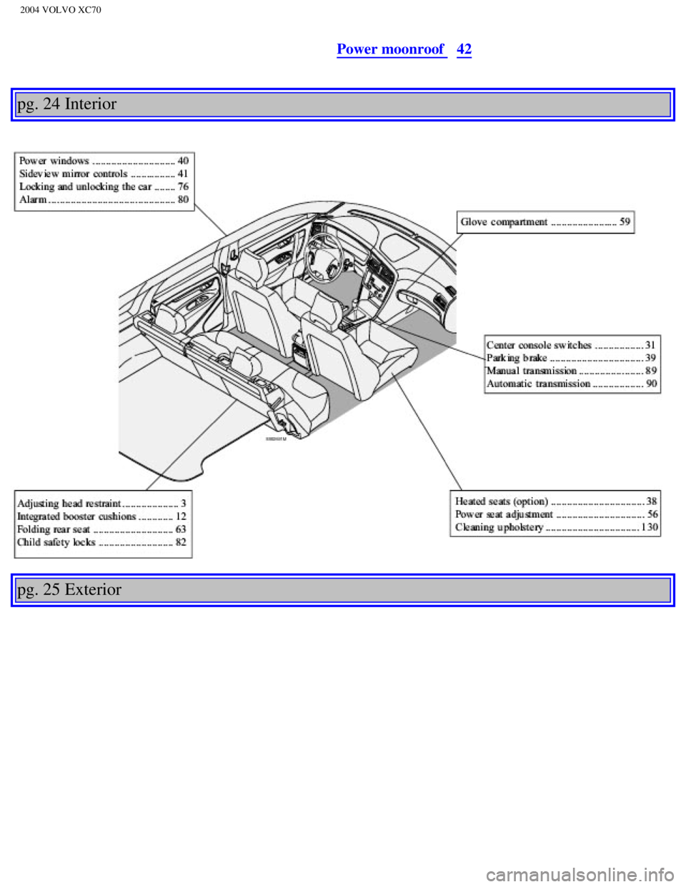 VOLVO XC70 2004 Owners Guide 
2004 VOLVO XC70
Power moonroof 42
 
pg. 24 Interior 
 
 
 
pg. 25 Exterior 
 
 
file:///K|/ownersdocs/2004/2004_XC70/04xc70_02a.htm (2 of 14)12/30/200\
6 4:32:56 PM 