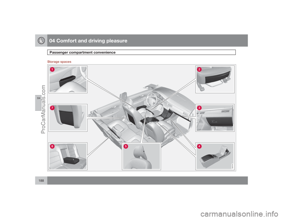 VOLVO XC70 2009  Owners Manual 04 Comfort and driving pleasurePassenger compartment convenience
04188
Storage spaces
G024158
ProCarManuals.com 