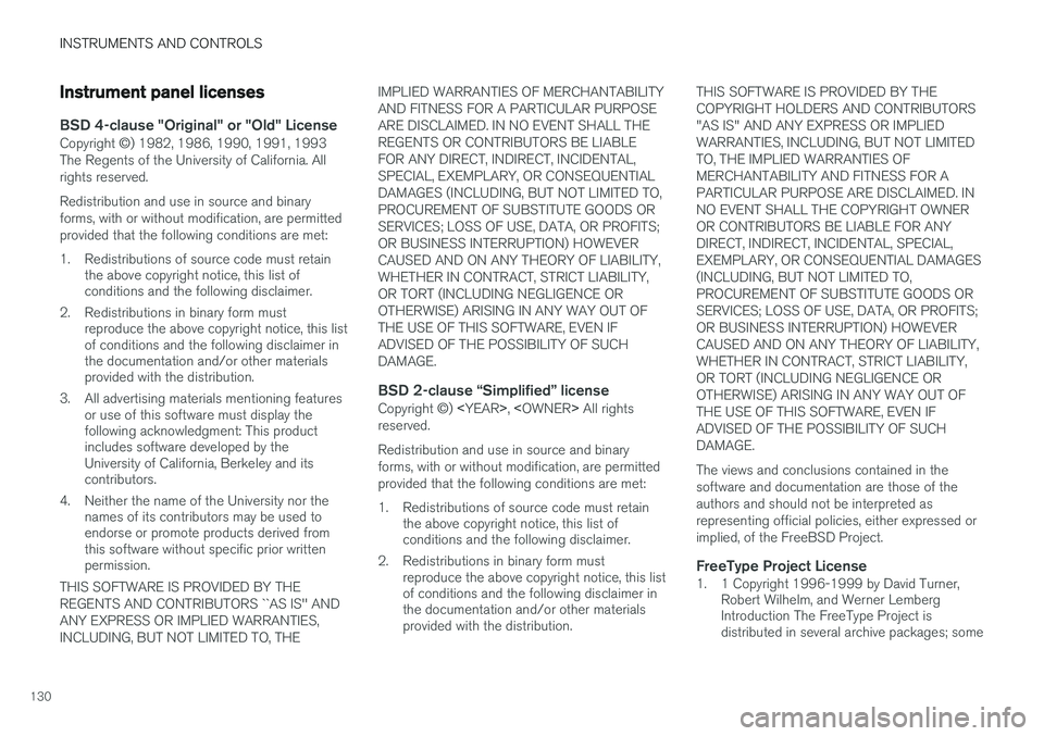 VOLVO XC90 2015  Owners Manual INSTRUMENTS AND CONTROLS
130
Instrument panel licenses
BSD 4-clause "Original" or "Old" License
Copyright ©) 1982, 1986, 1990, 1991, 1993
The Regents of the University of California. 