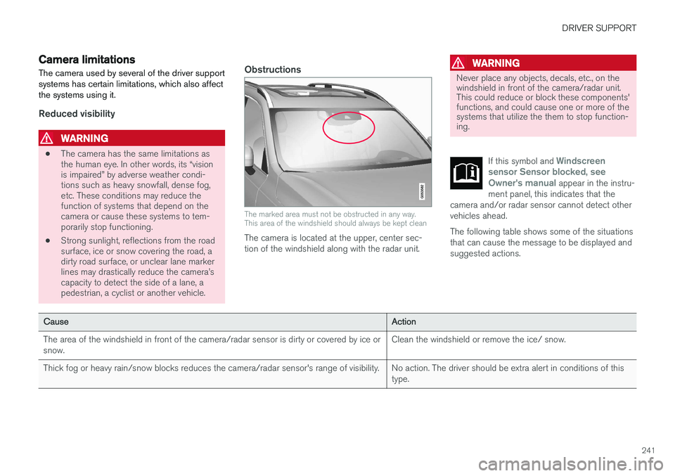 VOLVO XC90 2015 Owners Manual DRIVER SUPPORT
241
Camera limitations
The camera used by several of the driver support systems has certain limitations, which also affectthe systems using it.
Reduced visibility
WARNING
• The camera VOLVO XC90 2015 Owners Manual DRIVER SUPPORT
241
Camera limitations
The camera used by several of the driver support systems has certain limitations, which also affectthe systems using it.
Reduced visibility
WARNING
• The camera