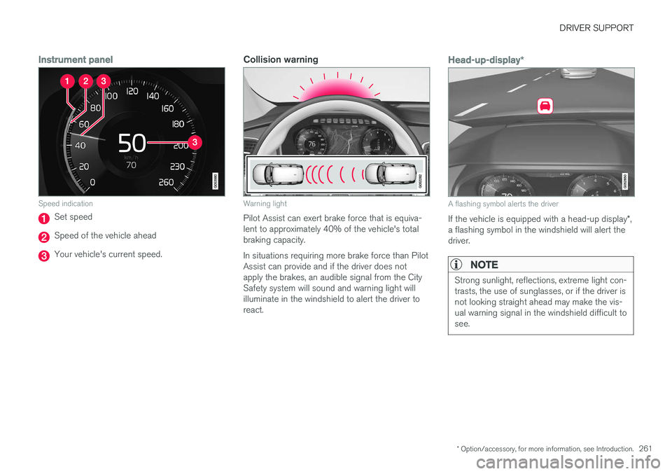 VOLVO XC90 2015  Owners Manual DRIVER SUPPORT
* Option/accessory, for more information, see Introduction.261
Instrument panel
Speed indication
Set speed
Speed of the vehicle ahead
Your vehicle's current speed.
Collision warning