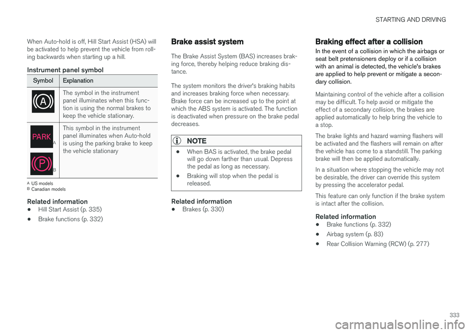 VOLVO XC90 2015 Owners Manual STARTING AND DRIVING
333
When Auto-hold is off, Hill Start Assist (HSA) will be activated to help prevent the vehicle from roll-ing backwards when starting up a hill.
Instrument panel symbol
SymbolExp VOLVO XC90 2015 Owners Manual STARTING AND DRIVING
333
When Auto-hold is off, Hill Start Assist (HSA) will be activated to help prevent the vehicle from roll-ing backwards when starting up a hill.
Instrument panel symbol
SymbolExp