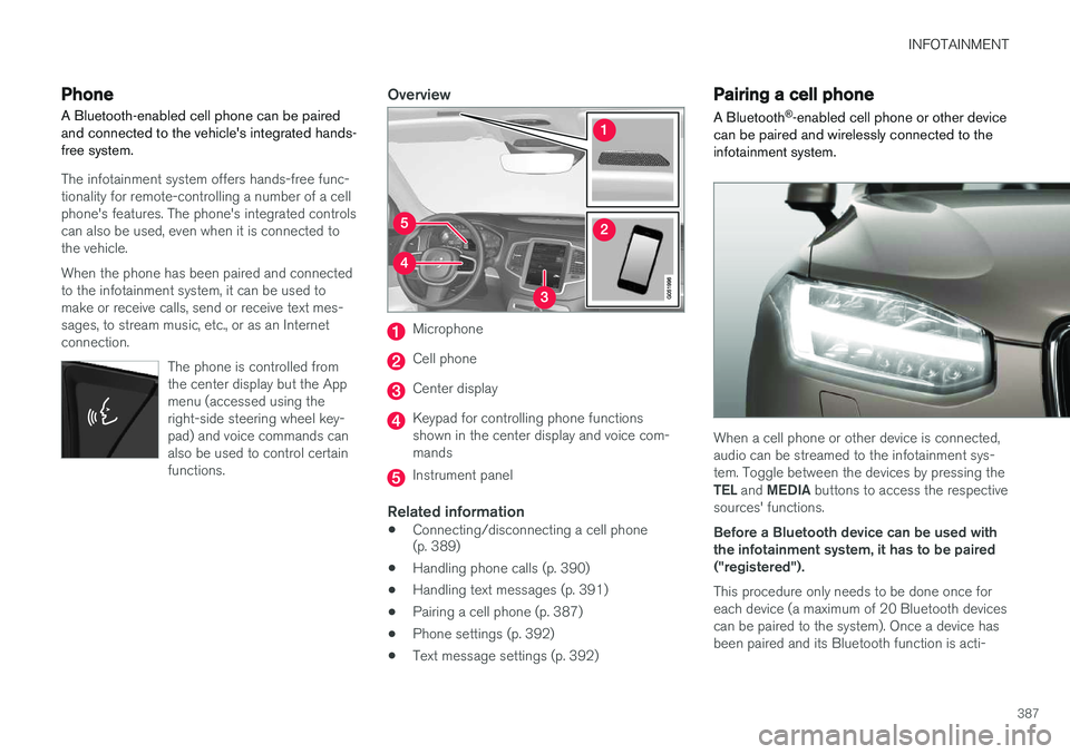VOLVO XC90 2015 Owners Manual INFOTAINMENT
387
Phone
A Bluetooth-enabled cell phone can be paired and connected to the vehicles integrated hands-free system.
The infotainment system offers hands-free func- tionality for remote-co VOLVO XC90 2015 Owners Manual INFOTAINMENT
387
Phone
A Bluetooth-enabled cell phone can be paired and connected to the vehicles integrated hands-free system.
The infotainment system offers hands-free func- tionality for remote-co