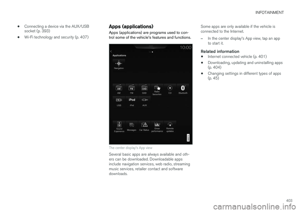 VOLVO XC90 2015  Owners Manual INFOTAINMENT
403
•
Connecting a device via the AUX/USB socket (p. 393)
• Wi-Fi technology and security (p. 407)
Apps (applications)
Apps (applications) are programs used to con- trol some of the v