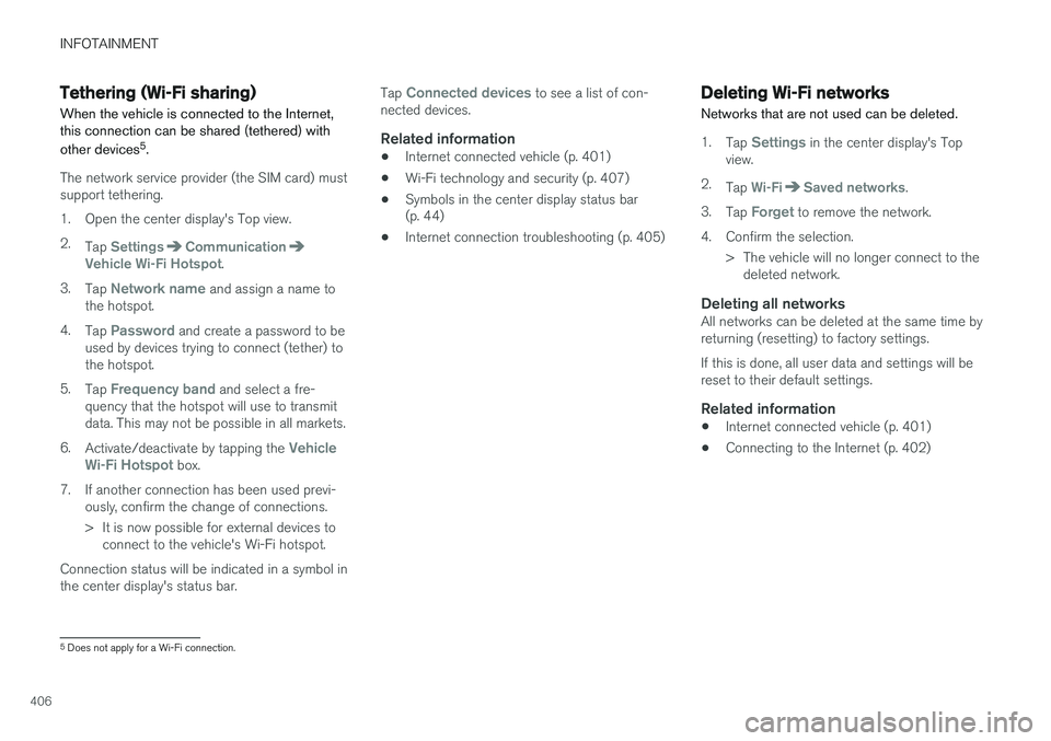 VOLVO XC90 2015  Owners Manual INFOTAINMENT
406
Tethering (Wi-Fi sharing)When the vehicle is connected to the Internet, this connection can be shared (tethered) with other devices 5
.
The network service provider (the SIM card) mus