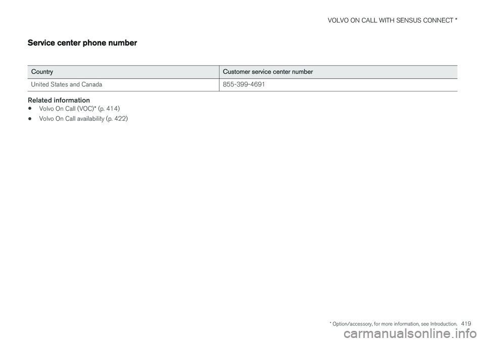 VOLVO XC90 2015  Owners Manual VOLVO ON CALL WITH SENSUS CONNECT *
* Option/accessory, for more information, see Introduction.
419
Service center phone number
CountryCustomer service center number
United States and Canada855-399-46