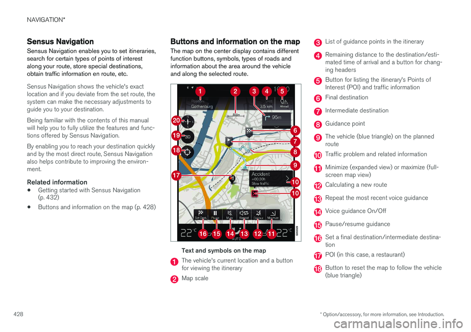 VOLVO XC90 2015  Owners Manual NAVIGATION*
* Option/accessory, for more information, see Introduction.
428
Sensus Navigation
Sensus Navigation enables you to set itineraries, search for certain types of points of interestalong your