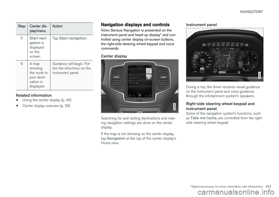 VOLVO XC90 2015  Owners Manual NAVIGATION*
* Option/accessory, for more information, see Introduction.
433
StepCenter dis- play/menuAction
5Start navi- gation is
displayed on thescreen.Tap Start navigation.
6A map showingthe route 