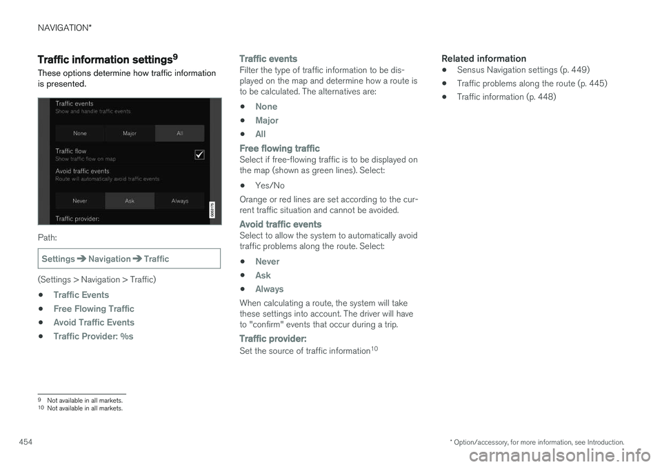 VOLVO XC90 2015  Owners Manual NAVIGATION*
* Option/accessory, for more information, see Introduction.
454
Traffic information settings 9
These options determine how traffic information is presented.
Path:
SettingsNavigationTraffic