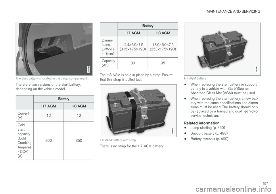 VOLVO XC90 2015 Owners Manual MAINTENANCE AND SERVICING
497
The start battery is located in the cargo compartment
There are two versions of the start battery, depending on the vehicle model.
Battery
H7 AGMH8 AGM
Current (V)1212
Co VOLVO XC90 2015 Owners Manual MAINTENANCE AND SERVICING
497
The start battery is located in the cargo compartment
There are two versions of the start battery, depending on the vehicle model.
Battery
H7 AGMH8 AGM
Current (V)1212
Co