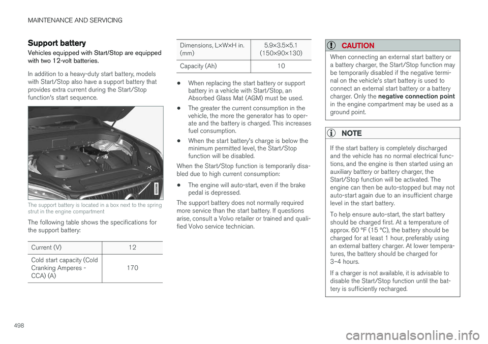 VOLVO XC90 2015 Owners Manual MAINTENANCE AND SERVICING
498
Support battery Vehicles equipped with Start/Stop are equipped with two 12-volt batteries.
In addition to a heavy-duty start battery, models with Start/Stop also have a s VOLVO XC90 2015 Owners Manual MAINTENANCE AND SERVICING
498
Support battery Vehicles equipped with Start/Stop are equipped with two 12-volt batteries.
In addition to a heavy-duty start battery, models with Start/Stop also have a s