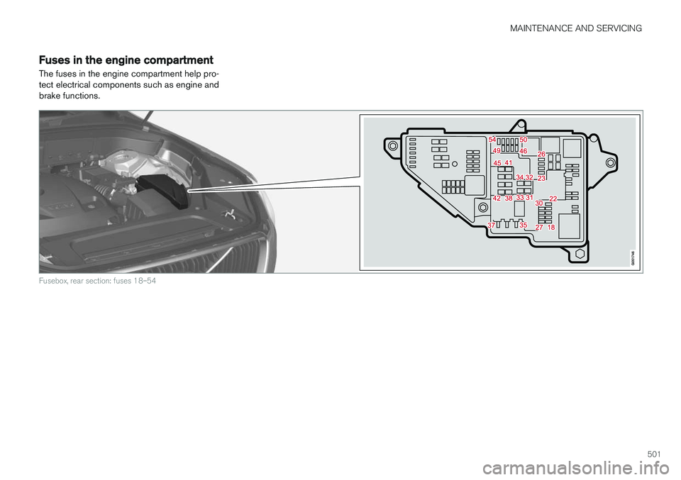 VOLVO XC90 2015  Owners Manual MAINTENANCE AND SERVICING
501
Fuses in the engine compartment
The fuses in the engine compartment help pro- tect electrical components such as engine andbrake functions.
Fusebox, rear section: fuses 1