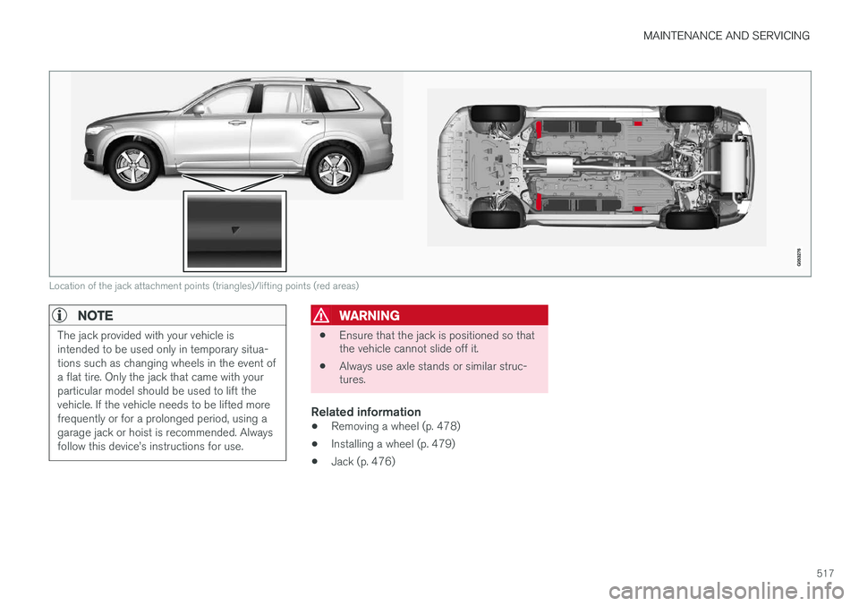 VOLVO XC90 2015 Owners Manual MAINTENANCE AND SERVICING
517
Location of the jack attachment points (triangles)/lifting points (red areas)
NOTE
The jack provided with your vehicle is intended to be used only in temporary situa-tion VOLVO XC90 2015 Owners Manual MAINTENANCE AND SERVICING
517
Location of the jack attachment points (triangles)/lifting points (red areas)
NOTE
The jack provided with your vehicle is intended to be used only in temporary situa-tion