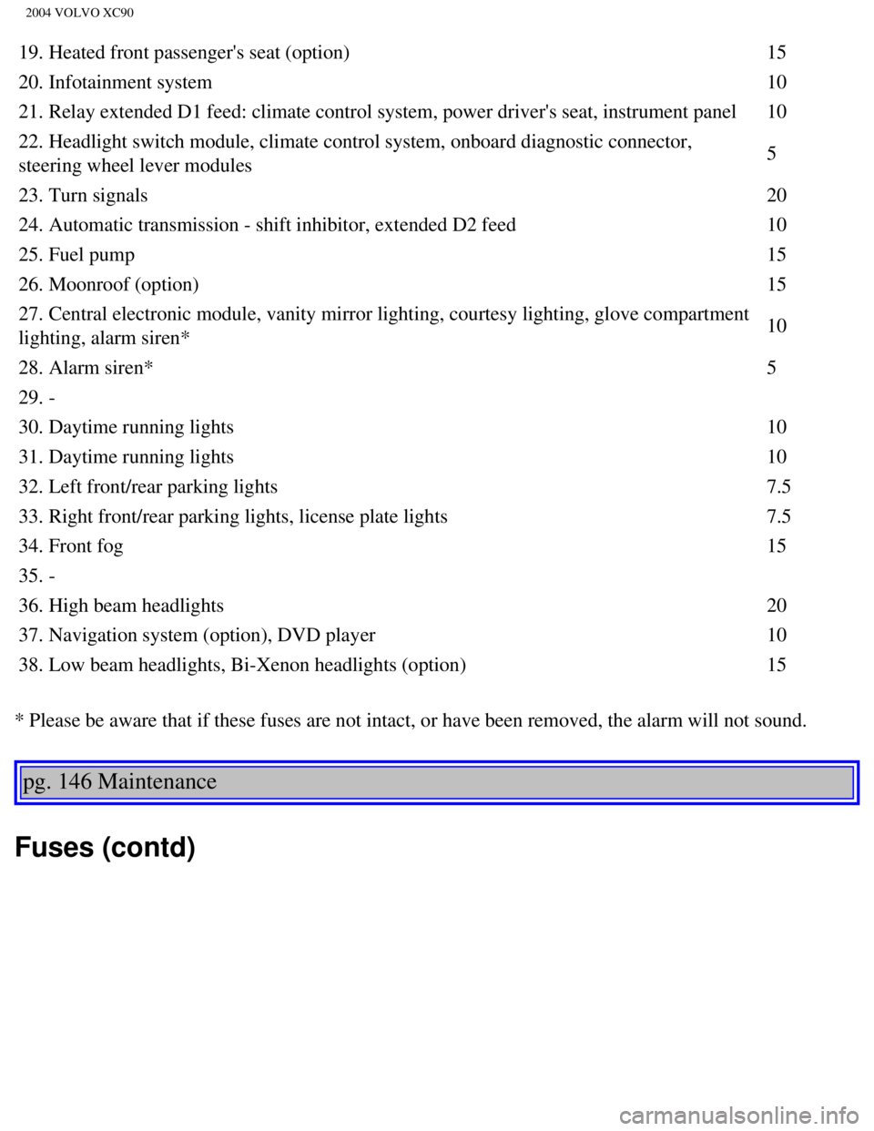 VOLVO XC90 2004  Owners Manual 
2004 VOLVO XC90
19. Heated front passengers seat (option)15
20. Infotainment system 10
21. Relay extended D1 feed: climate control system, power drivers seat,\
 instrument panel  10
22. Headlight s VOLVO XC90 2004  Owners Manual 
2004 VOLVO XC90
19. Heated front passengers seat (option)15
20. Infotainment system 10
21. Relay extended D1 feed: climate control system, power drivers seat,\
 instrument panel  10
22. Headlight s