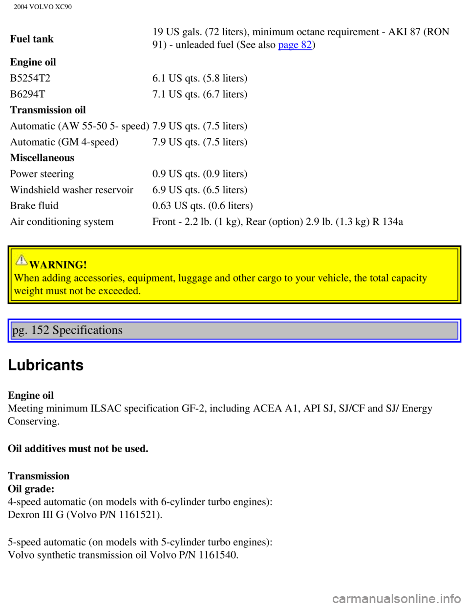 VOLVO XC90 2004  Owners Manual 
2004 VOLVO XC90
Fuel tank 19 US gals. (72 liters), minimum octane requirement - AKI 87 (RON 
91) - unleaded fuel (See also page 82)
Engine oil
B5254T2  6.1 US qts. (5.8 liters)
B6294T  7.1 US qts. (6 VOLVO XC90 2004  Owners Manual 
2004 VOLVO XC90
Fuel tank 19 US gals. (72 liters), minimum octane requirement - AKI 87 (RON 
91) - unleaded fuel (See also page 82)
Engine oil
B5254T2  6.1 US qts. (5.8 liters)
B6294T  7.1 US qts. (6