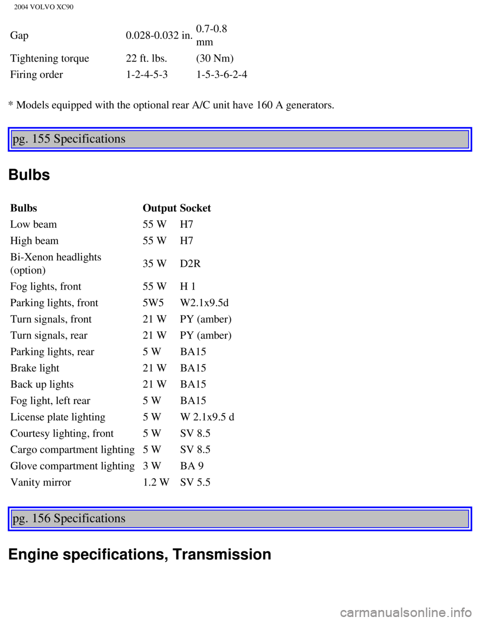 VOLVO XC90 2004 Repair Manual
2004 VOLVO XC90
Gap 0.028-0.032 in.0.7-0.8
mm
Tightening torque 22 ft. lbs. (30 Nm)
Firing order 1-2-4-5-3 1-5-3-6-2-4
* Models equipped with the optional rear A/C unit have 160 A generators.\
VOLVO XC90 2004 Repair Manual
2004 VOLVO XC90
Gap 0.028-0.032 in.0.7-0.8
mm
Tightening torque 22 ft. lbs. (30 Nm)
Firing order 1-2-4-5-3 1-5-3-6-2-4
* Models equipped with the optional rear A/C unit have 160 A generators.\