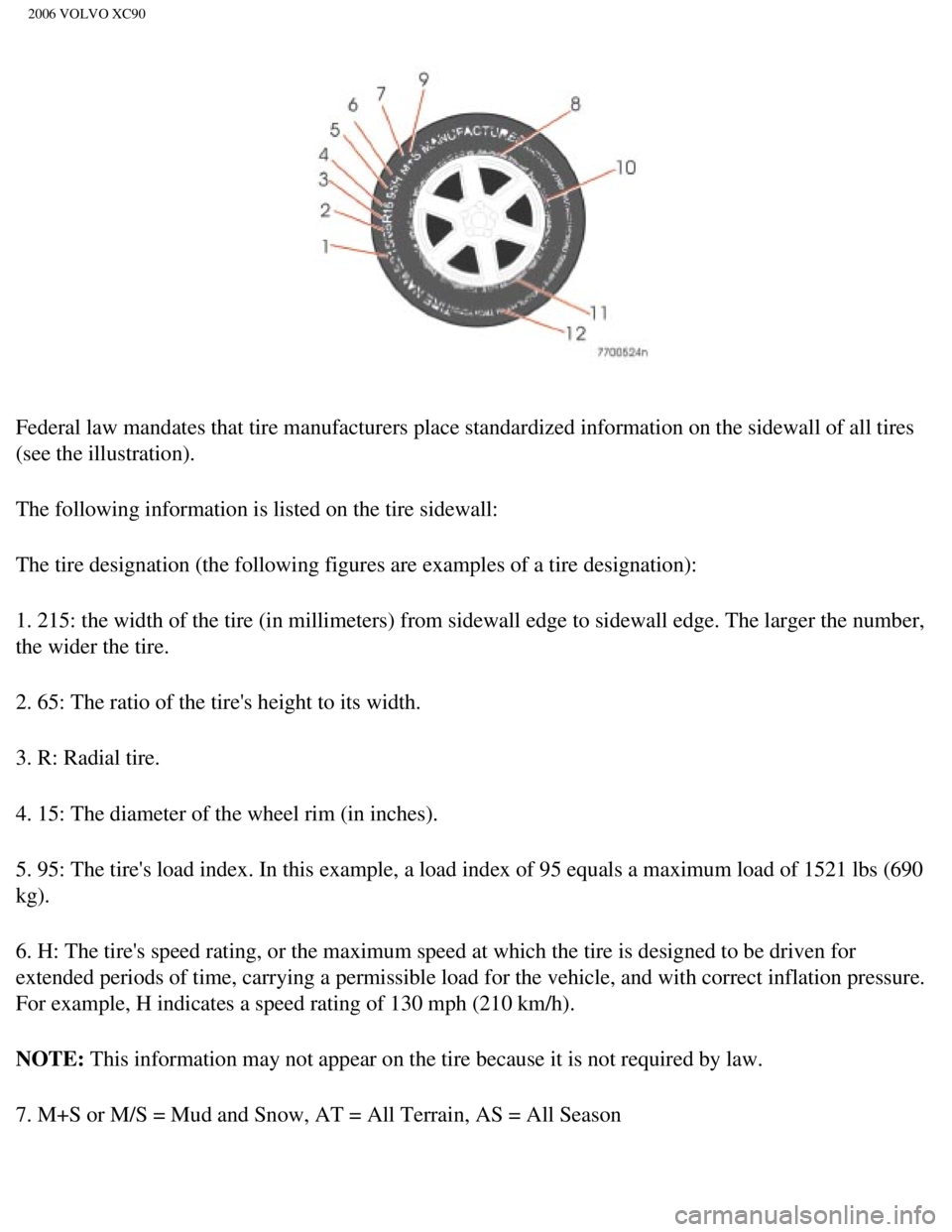 VOLVO XC90 2006  Owners Manual 
2006 VOLVO XC90
Federal law mandates that tire manufacturers place standardized informat\
ion on the sidewall of all tires 
(see the illustration).
The following information is listed on the tire sid