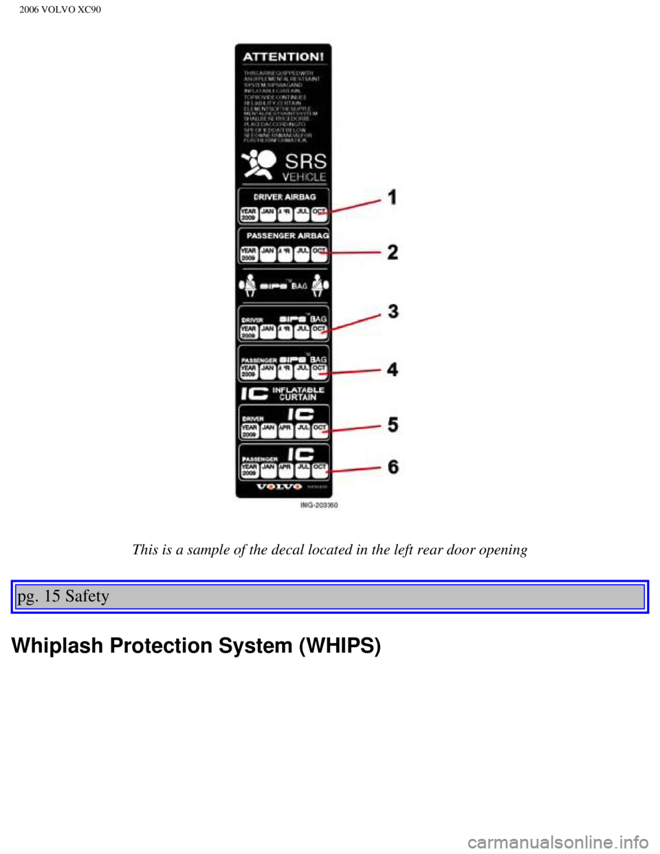 VOLVO XC90 2006 Owners Manual 
2006 VOLVO XC90
  
This is a sample of the decal located in the left rear door opening 
pg. 15 Safety 
Whiplash Protection System (WHIPS)
file:///K|/ownersdocs/2006/2006_XC90/06xc90_01b.htm (3 of 11)