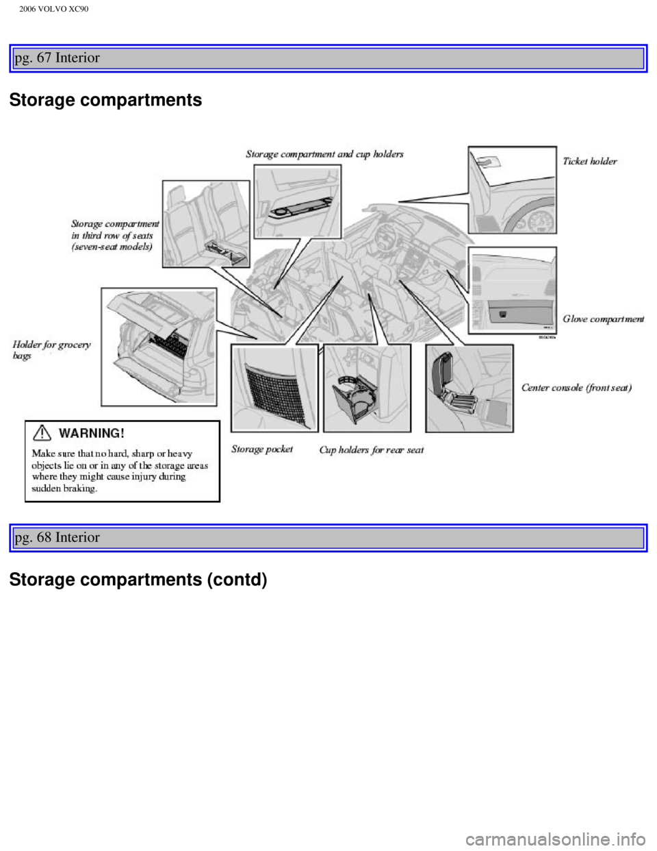 VOLVO XC90 2006  Owners Manual 
2006 VOLVO XC90
pg. 67 Interior 
Storage compartments 
pg. 68 Interior 
Storage compartments (contd)
file:///K|/ownersdocs/2006/2006_XC90/06xc90_04b.htm (1 of 9)12/30/2006\
 5:32:42 PM 