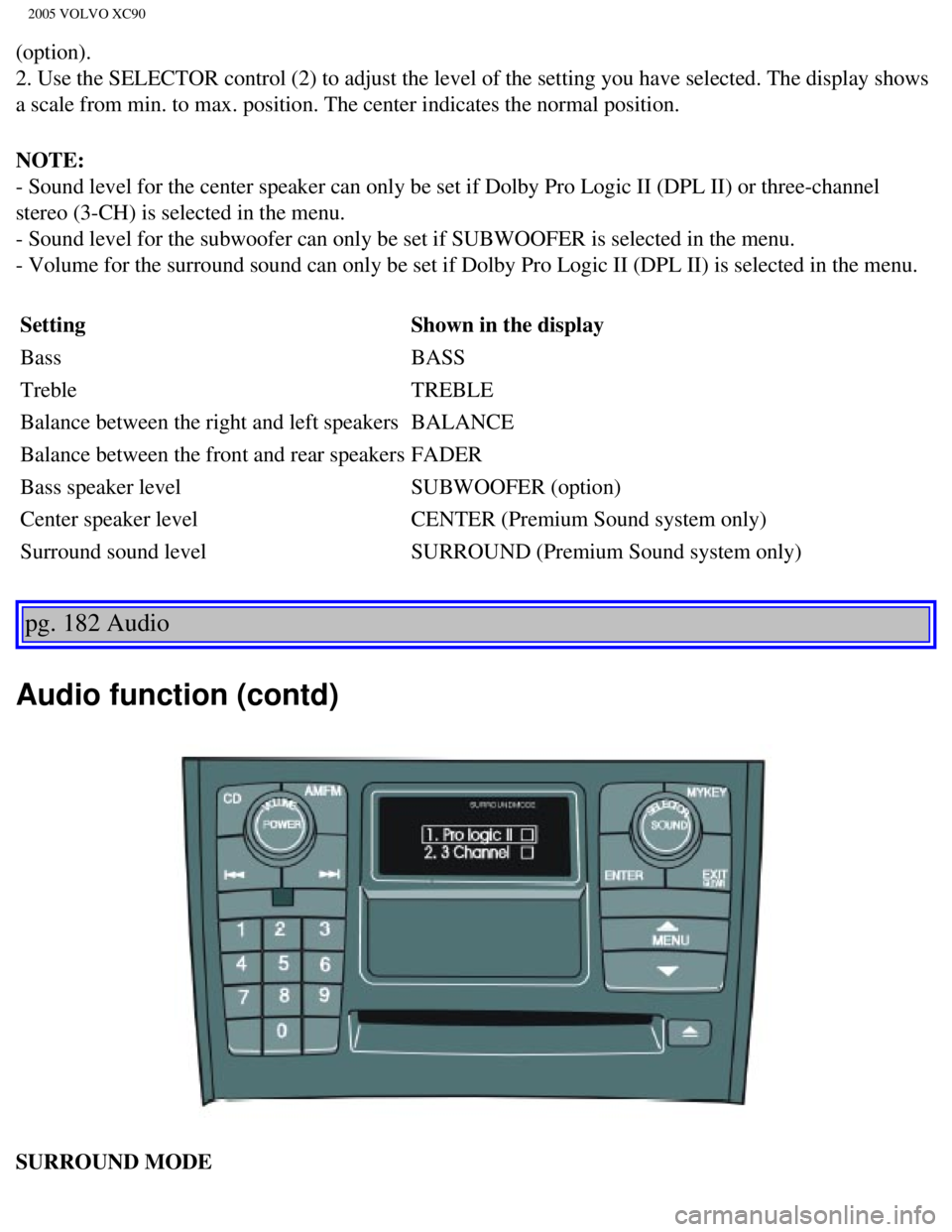 VOLVO XC90 2005 Owners Manual
2005 VOLVO XC90
(option).
2. Use the SELECTOR control (2) to adjust the level of the setting you\
have selected. The display shows
a scale from min. to max. position. The center indicates the norm VOLVO XC90 2005 Owners Manual
2005 VOLVO XC90
(option).
2. Use the SELECTOR control (2) to adjust the level of the setting you\
have selected. The display shows
a scale from min. to max. position. The center indicates the norm
